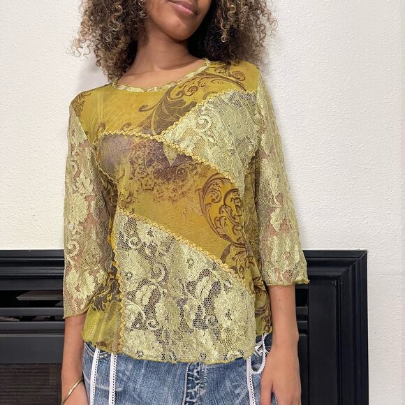 Italian Vintage 00s boho green floral sheer mesh & lace blouse (M) fairy grunge - Picture 6 of 9